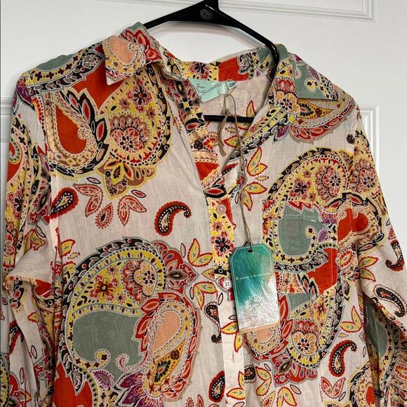 NWT True Destinations Paisley Button-Up Shirt/Coverup Sz XS oversized - Picture 3 of 10